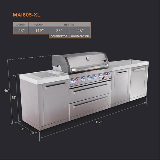 Mont Alpi Premium 119"W x 23"D x 46"H Stainless Steel Modular Outdoor Kitchen Island with Infrared Side Burner + 44"W 6-Burner BBQ Gas Grill + White Granite Countertops + Storage Cabinets + Drawers
