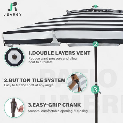 JEAREY 9' 2-Tiers Patio Umbrellas Outdoor Market Table Umbrella w/Push Button Tilt/Crank, 8 Sturdy Ribs, UV Protection Waterproof Sunproof(Black Stripe)
