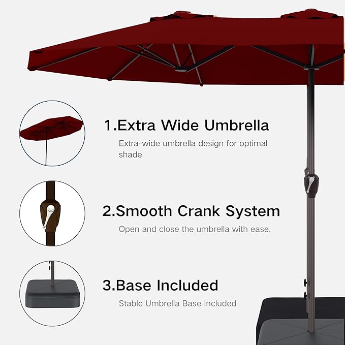 Kingdura 13ft Large Patio Umbrella with Base Included, Double-Sided Rectangle Outdoor Table Umbrella with 12 Reinforced Ribs, Crank Lift for Market Pool Deck Backyard, Dark red