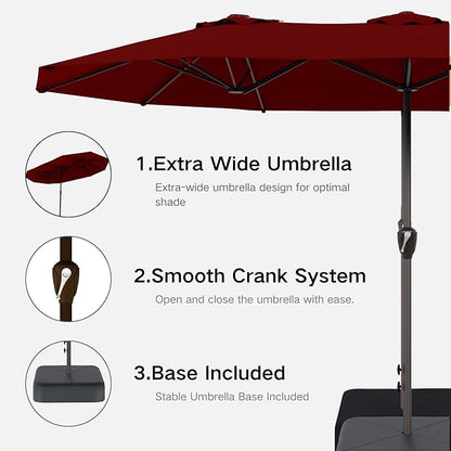 Kingdura 13ft Large Patio Umbrella with Base Included, Double-Sided Rectangle Outdoor Table Umbrella with 12 Reinforced Ribs, Crank Lift for Market Pool Deck Backyard, Dark red