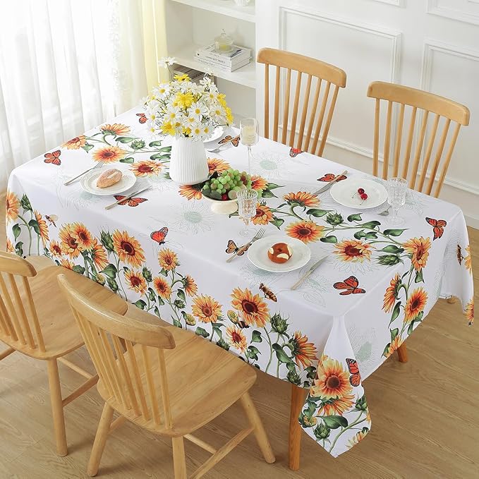 SASTYBALE Sunflower Tablecloth, White, 60x120 Inch Rectangle | Polyester, Spill-Proof, Dust-Proof, Wrinkle-Free, Spring Summer Garden Parties