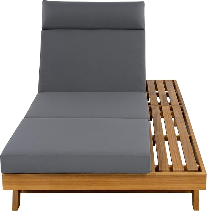 Christopher Knight Home Kayes Acacia Wood Chaise Lounge with 4'' Four-Folds Cushion, Outdoor 79'' Patio Recliner Chair with 4-Position Adjustable Backrest, Sun Lounger for Backyard, Teak+Dark Gray
