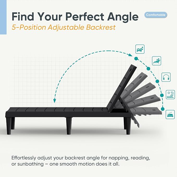 Greesum 4-Pack Adjustable Chaise Lounges, Black | 5-Pos Recline, Waterproof PP, UV-Resist, Stackable, Easy-Clean, for Pool/Patio/Beach, Tool-Free