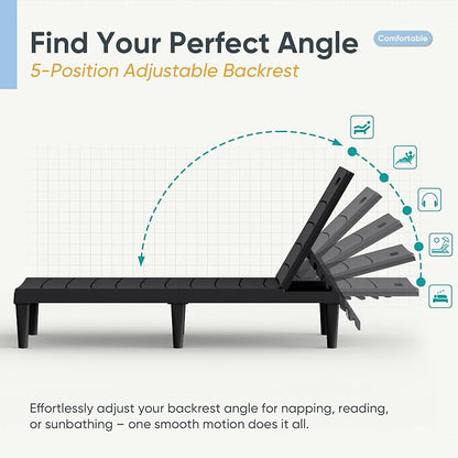 Greesum 4-Pack Adjustable Chaise Lounges, Black | 5-Pos Recline, Waterproof PP, UV-Resist, Stackable, Easy-Clean, for Pool/Patio/Beach, Tool-Free