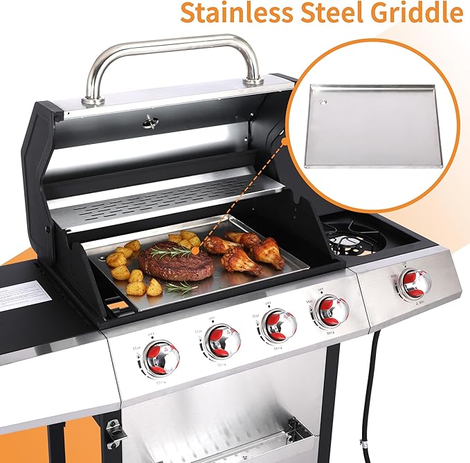 Dual Fuel 4-Burner Gas Grill with Side Burner & Charcoal Trays, 4-in-1 Outdoor BBQ & Griddle Combo, Cast Iron Grates + Flat Top, 448 sq in Large Portable for Backyard Camping