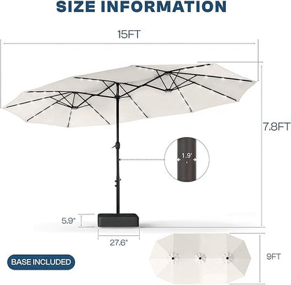 15FT Large Outdoor Patio Umbrella with Solar Lights and Base, Double-Sided Table Umbrellas with 48 LED Lights, Rectangle Market Umbrella for Pool, Deck, Backyard