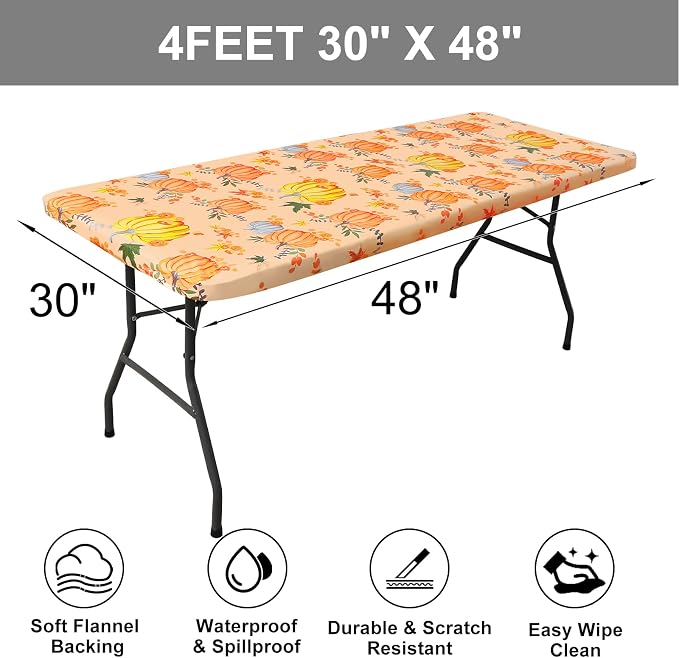 Smiry Thanksgiving Fitted Table Cover, 4 FT Flannel Backed Vinyl Tablecloth | Waterproof Elastic Stretch Table Cloth, Wipeable Plastic Tablecloth for Autumn Harvest & Parties (Yellow & Orange, 30" x 48")