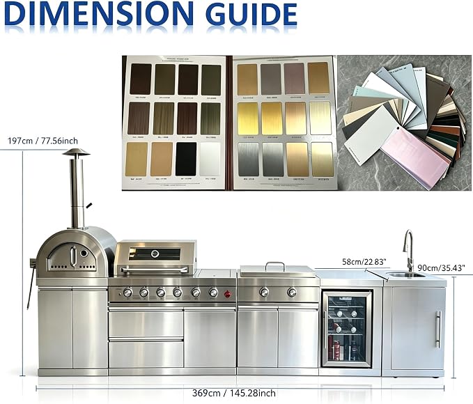Luxury Modular Outdoor Kitchen Island, Stainless Steel Outdoor BBQ Grill Station with Sink, Storage, Countertop, Refrigerator, Pizza Oven, Backyard Patio Cooking for Family Gathering Entertaining