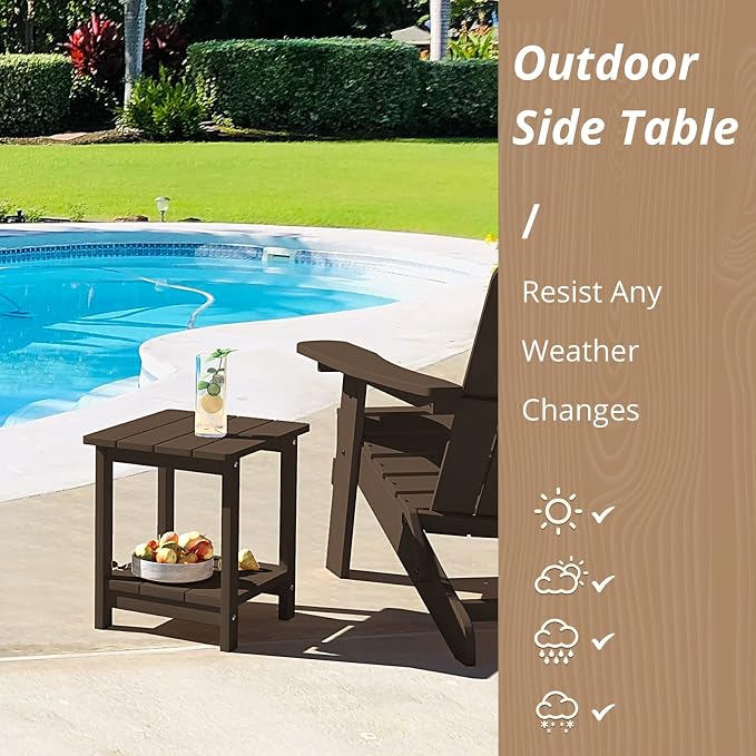 LUE BONA Outdoor Side Table, 2-Tier HDPS Small Patio Table, Dark Brown | 2-Tier Shelf for Extra Storage, Small End Table for Pool, Porch, Balcony, Weather Resistant HDPS, Easy Clean