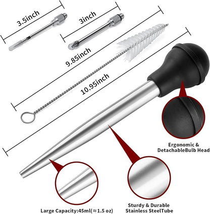 QPMR Turkey Baster With Cleaning Brush, Stainless Steel Baster Tool for Cooking-Baster Syringe for Roaster Turkey, Include 2 Meat Marinade Injector Needles for Thanksgiving