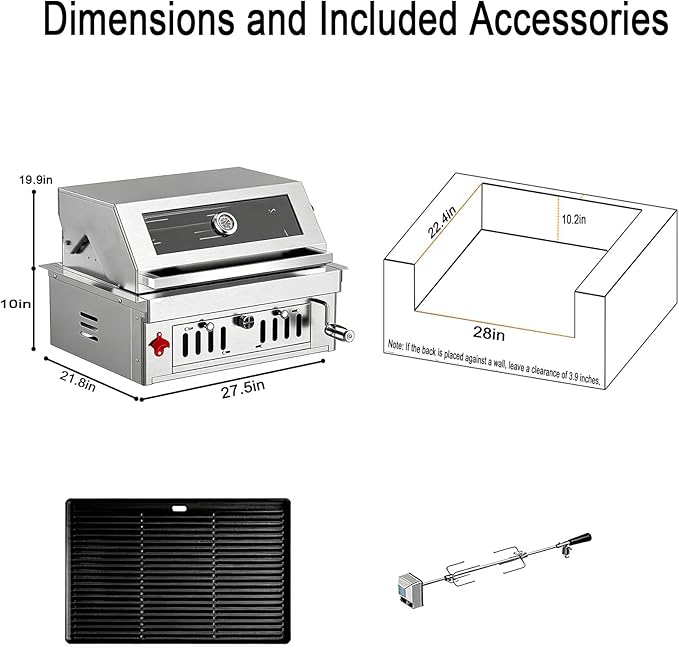 Large Built In Grill, Charcoal BBQ Grills with Liftable Tray, Visible Insulated Hood & Temp Gauge, Heavy-Duty Stainless Steel Barbecue Grill for Outdoor Kitchen Cooking Family Parties