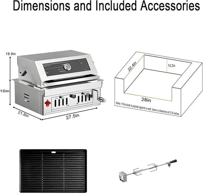 Large Built In Grill, Charcoal BBQ Grills with Liftable Tray, Visible Insulated Hood & Temp Gauge, Heavy-Duty Stainless Steel Barbecue Grill for Outdoor Kitchen Cooking Family Parties