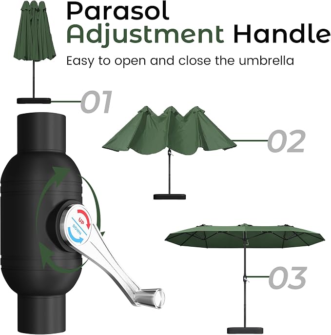DomeShade 15ft Large Patio Umbrella with Base Included, Outdoor Double-Sided Rectangular Market Umbrella with Crank Handle,Heavy Duty Extra Large Outside Umbrella for Backyard,Pool,Deck,Lawn,Green