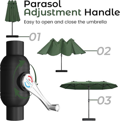 DomeShade 15ft Large Patio Umbrella with Base Included, Outdoor Double-Sided Rectangular Market Umbrella with Crank Handle,Heavy Duty Extra Large Outside Umbrella for Backyard,Pool,Deck,Lawn,Green