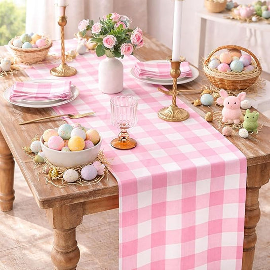B-COOL Plaid Table Runner Pink Checkered Fabric Cover 13x108 Inch 4 Packs Table Cloths Centerpieces Valentines Party Picnic Decorative Gingham Rectangle Pink and White Easter Linen Decorations