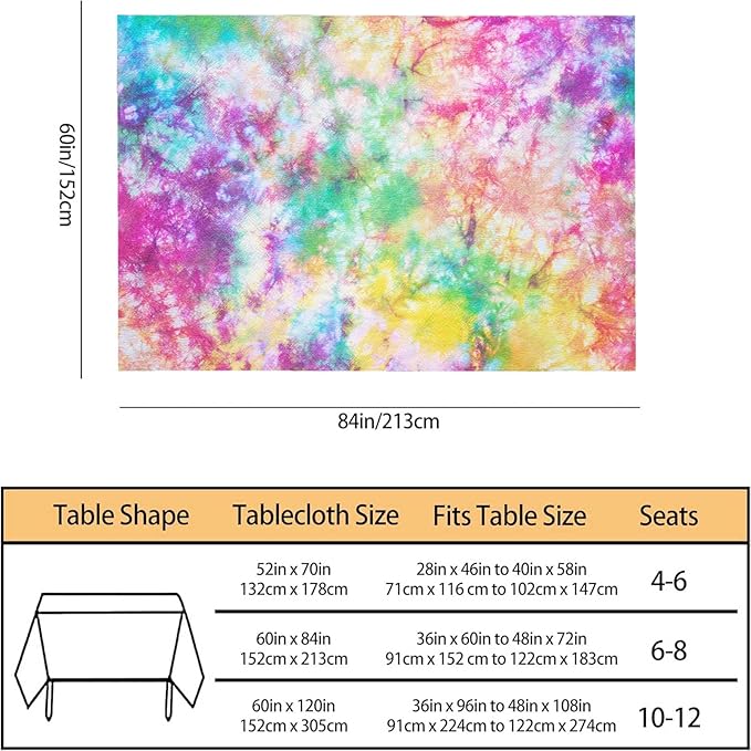 TKS MITLAN Tie Dye Tablecloth 60x84 Inch Rectangular Rainbow Splash Tie Dye Pattern Oblong Table Cloth Kitchen Table Decorations for Home Dinner Party