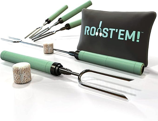 Jolly Green Products Rotating Marshmallow Roasting Sticks for Campfire & Bonfire | Extra Long Hot Dog & Smores Sticks for Fire Pit | Camping Smores Kit | Retractable Campfire Skewers | Set of 5