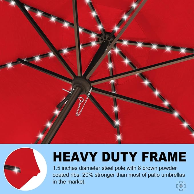 Eurmax USA 10-Year-Non-Fading 10FT Outdoor Patio Market Umbrella with LED Lights,UPF50+ UV Resistant,Heavy Duty Commercial Grade,Crank Lift Design,Windproof Vented Top for Garden,Pool,Deck,Logo Red