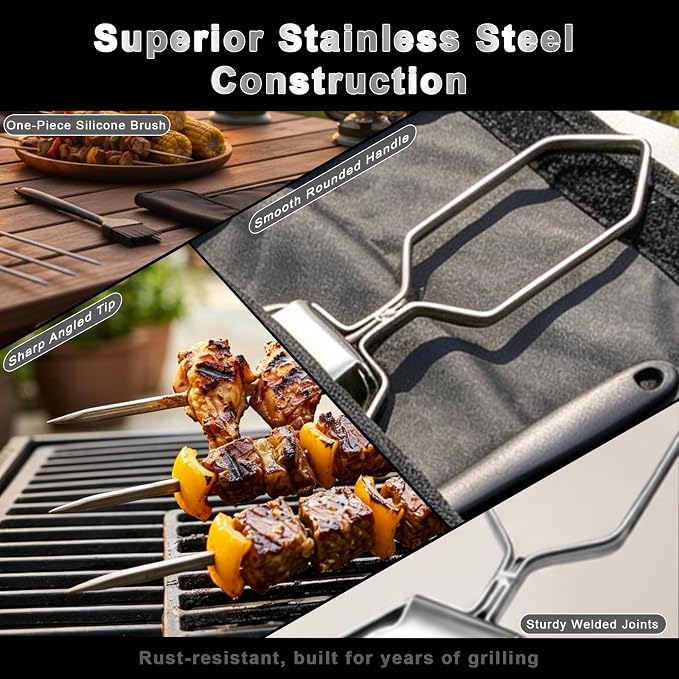 Skewers for Grilling, 3 Way Stainless Steel Grill Skewers with Push Slider & Bag, Reusable for Outdoor Camping