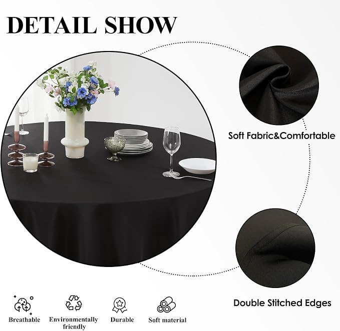 8 Pack Black Round Tablecloths 120 Inch for Dining Tables | Washable Decorative Linen Polyester Table Cover for Banquets Buffets Parties and Weddings
