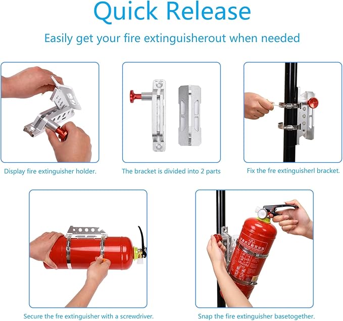 Universal Fire Extinguisher Mount, Aluminum Quick Release Roll Bar Fire Extinguisher Bracket Holder with 8 Clamps Compatible with Jeep Wrangler JK TJ JL JKU Polaris RZR Ranger UTV, Gold