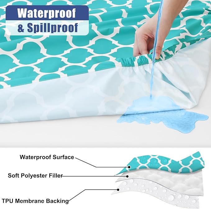 Smiry Picnic Table Cover with Bench Covers, Waterproof Elastic Fitted Tablecloth for 8 Foot Tables, Washable Polyester Tablecloths for Camping, Indoor & Outdoor (Teal, 30x96 Inch 3-pc Set)