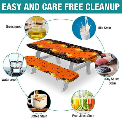 Halloween Elastic Edge Fitted Tablecloth, 3 Pieces Set, Happy Halloween Pumpkin Elastic Picnic Tablecloth and Bench Seats Table Cover for Outdoor Picnics/Holiday/Party Use, 72x28 in