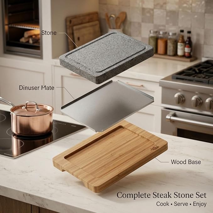Artestia Steak Stone Set, 2PCS Volcanic Lava Stones, 8.46 x 6.49 in | Hot Stone Cooking Set with Bamboo Trays for Tabletop Sizzling Steak, Meat, Seafood & Vegetables, Restaurant-Style Dining