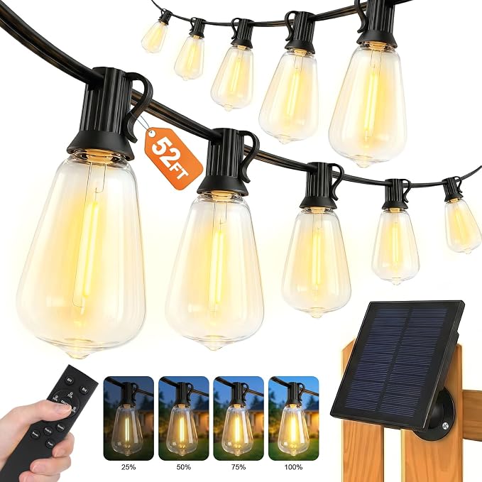 52FT Solar String Lights Outdoor Waterproof Patio Lights with Remote and 15+1 LED Shatterproof Bulbs, 3 Light Modes Dimmable & Timer Solar Lights for Backyard Porch Garden Wedding Decor
