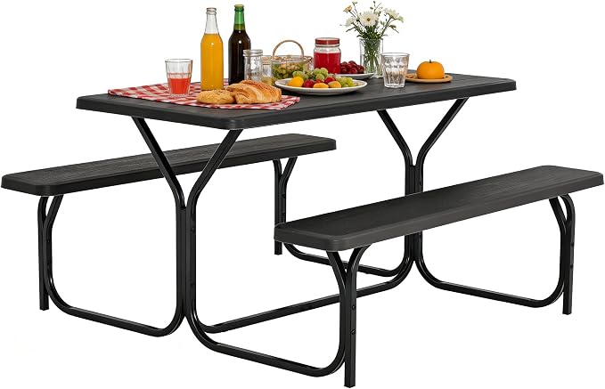 COSTWAY Outdoor Picnic Table, HDPE Plastic Picnic Table Bench Set | Weather Resistant Tabletop & Wood Texture, Ideal for Patio, Backyard (59" D x 54" W x 28.5" H,Black)