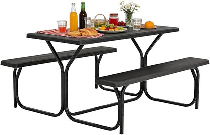 COSTWAY Outdoor Picnic Table, HDPE Plastic Picnic Table Bench Set | Weather Resistant Tabletop & Wood Texture, Ideal for Patio, Backyard (59" D x 54" W x 28.5" H,Black)