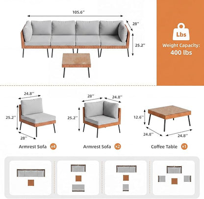 Aoxun 5-Piece Patio Furniture Set, Wicker Outdoor Furniture with Water Resistant Thick Cushions, Patio Conversation Set Outdoor Sectional Sofa with Coffee Table for Backyard Poolside, Light Grey