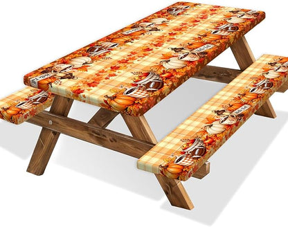 Fall Picnic Table Cover with Bench Covers with Drawstring Bag, Camping Essentials Autumn Maple Leaf Pumpkin Waterproof Oilproof Camping Tablecloth, Fitted Rectangle Tables and Seats, 3PCS, 30x72 Inch