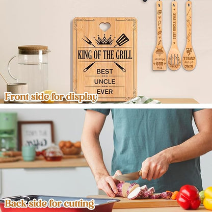 Best Uncle Gifts - "King of The Grill, Best Uncle Ever" Uncle Birthday Gifts Cutting Board Set, Bamboo-Made Engraved Utensil Set, Gifts for Uncle