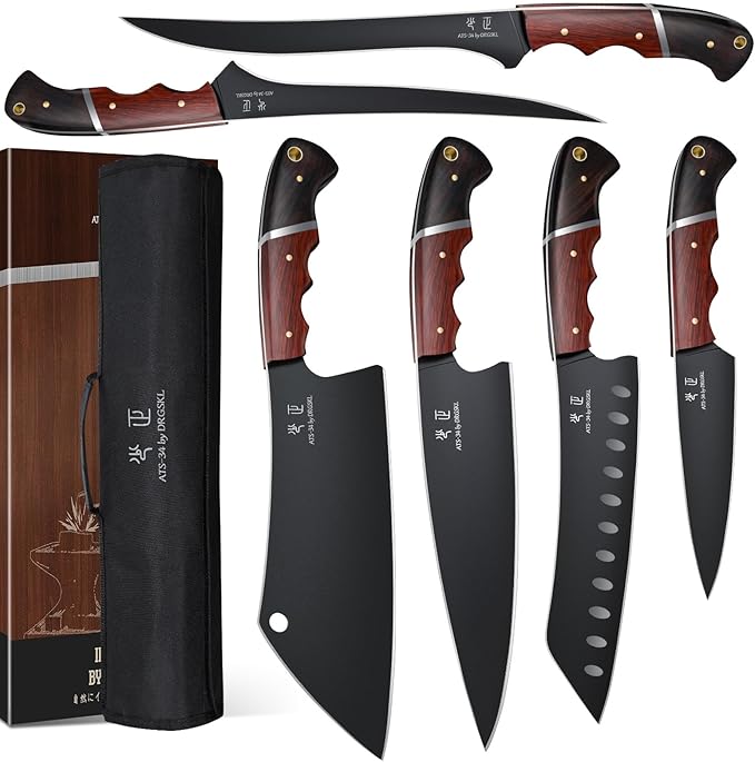 DRGSKL Kitchen Knife Set with Bag - 6 PCS Chef Knives Set - Cleaver, Boning, Fillet, Santoku, Kitchent Utility Knives, Chef Knife with Full Tang Wooden Handle, Gifts for Men and Women