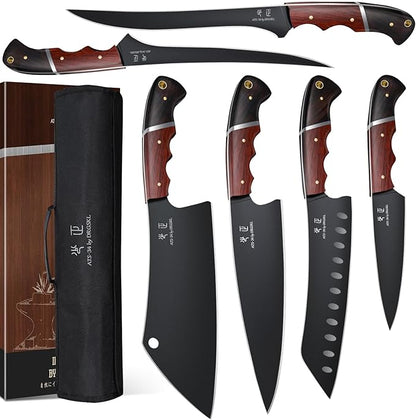 DRGSKL Kitchen Knife Set with Bag - 6 PCS Chef Knives Set - Cleaver, Boning, Fillet, Santoku, Kitchent Utility Knives, Chef Knife with Full Tang Wooden Handle, Gifts for Men and Women