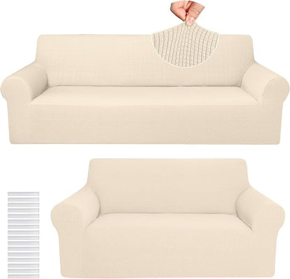 Peryiter 2 Pcs Couch and Loveseat Sofa Covers,Beige,Fleece | Armchair Covers for Living Room, Sofa Cushion Slipcover 2/3 Seater, Furniture Protector, Polyester and Spandex, Washable