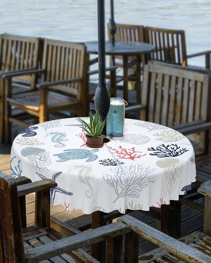 Blue Red Coastal Outdoor Tablecloth - 54 Inch Round Waterproof Dining Table Cover, Nautical Summer Beach Coral Sea Turtle Outdoor Table Cloth with Umbrella Hole & Zipper for Picnic/Patio