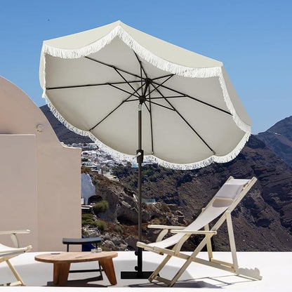 Tempera 9ft Auto Tilt Scalloped Patio Umbrellas with Fringe, Outdoor Table Umbrellas with Fade Resistant Canopy, 8 Sturdy Rids, Luxurious Vintage Umbrellas for Lawn, Pool, Deck, Balcony