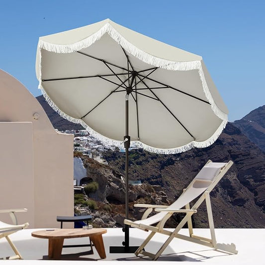 Tempera 9ft Auto Tilt Scalloped Patio Umbrellas with Fringe, Outdoor Table Umbrellas with Fade Resistant Canopy, 8 Sturdy Rids, Luxurious Vintage Umbrellas for Lawn, Pool, Deck, Balcony