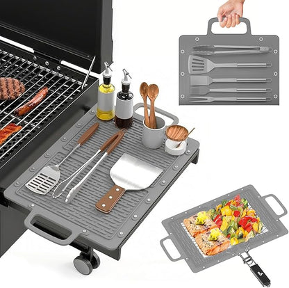 Portable Outdoor Silicone Grill Mat, Foldable Heat-Resistant Table Mat & BBQ Side Shelf Tool Pad with Snap Buttons, Converts into Storage Bag for Utensils and Food, Food-Grade, Non-Slip(Gray)
