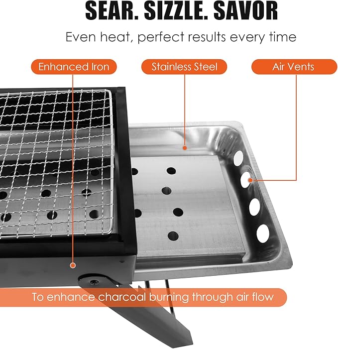 Portable Charcoal Grill with Side Table– Foldable Tabletop BBQ Grill for Outdoor Cooking, Camping, Picnics & Travel | Compact & Lightweight| Smoky Flavor & Easy to Clean