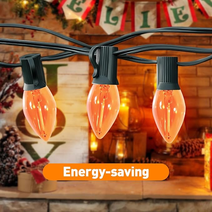 C7 Christmas Lights, Led Clear Orange Halloween Outdoor String Lights, 25FT Commercial Grade Patio Light with 27 C7 Bulbs, Hanging Lights for Indoor Outside Porch Xmas Tree Thanksgiving Décor