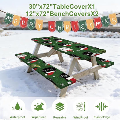 Christmas Picnic Table cover with Bench Cover, Outdoor Picnic Table Elastic Tablecloth, Christmas Hat Green Cat Design, Camping, Barbecue and Holiday Party Tablecloth