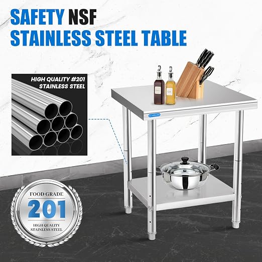 KUARBARR Stainless Steel Table for Prep & Work with Undershelf 24 x 24 Inches NSF Metal Commercial Kitchen Prep Table with Adjustable Under Shelf Worktable for Restaurant Home Outdoor