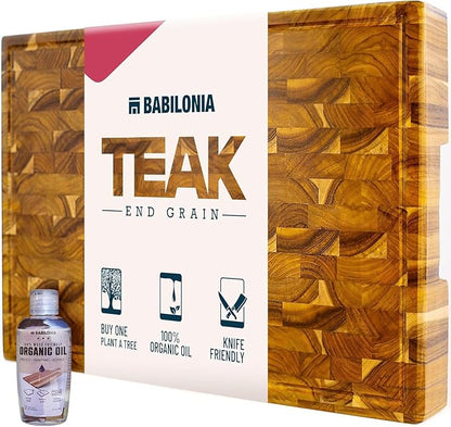 Teak Wood Cutting Board, 19.7 x 12.2 Inch (ExtraThick 1.7") Hardwood Butcher Block for Meat, Cheese, Charcuterie Board. End Grain Non Toxic Wood Chopping Board with Handle (Oil & Plate Included)