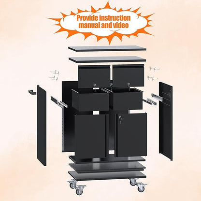 Aobabo Rolling Metal Storage Cabinet with Wheels, Heavy Duty Steel Garage Tool Cabinet with 2 Drawers, Pegboard & 4 Hooks, Lockable Mobile Organizer with Adjustable Shelves, Black, Assembly Required