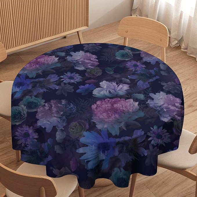 Vintage Flower Round Tablecloth, Gothic Garden Dark Florals Rustic Roses Boho Botanical Plant Water Resistant Wipeable Table Cover for Picnic Party Holiday Kitchen Dinner Table 50"