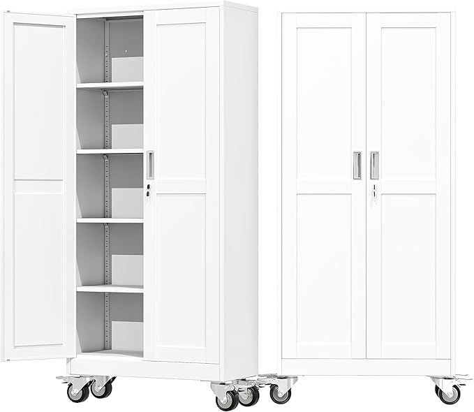 71" Metal Garage Storage Cabinet with Wheels and Locking Doors and Tall Rolling Steel Tool Cabinet with 4 Adjustable Shelves for Garage,Home,Office,Shop (White, 71''H x 30''W x15''D)