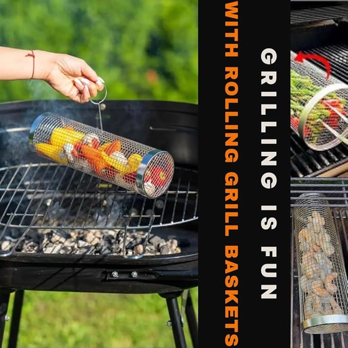 Rolling Grilling Basket for Outdoor Grilling - 2PCS - Stainless Steel BBQ Accessories, Grill Accessories for Outdoor Grill & Camping Cooking, The Perfect Way to Grill Vegetables